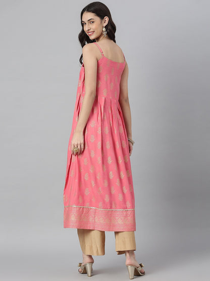 Gold Printed Rayon Pleated Kurta