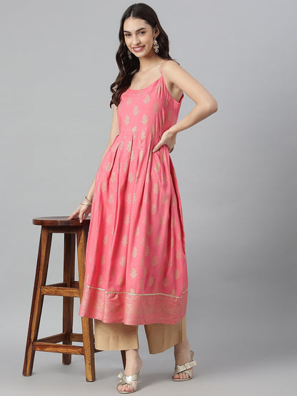 Gold Printed Rayon Pleated Kurta