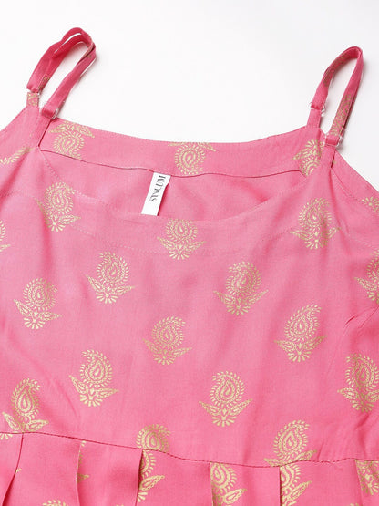 Gold Printed Rayon Pleated Kurta