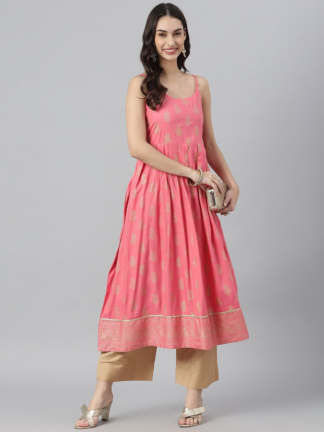Gold Printed Rayon Pleated Kurta