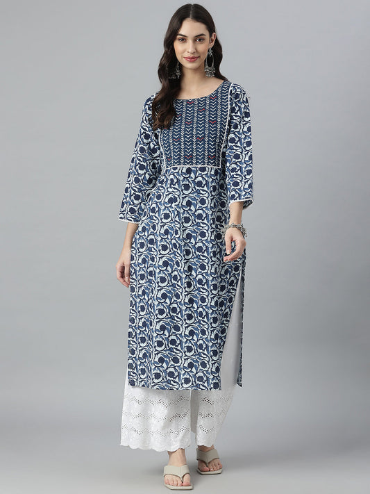 Indigo Printed Cotton Slub Straight Kurta