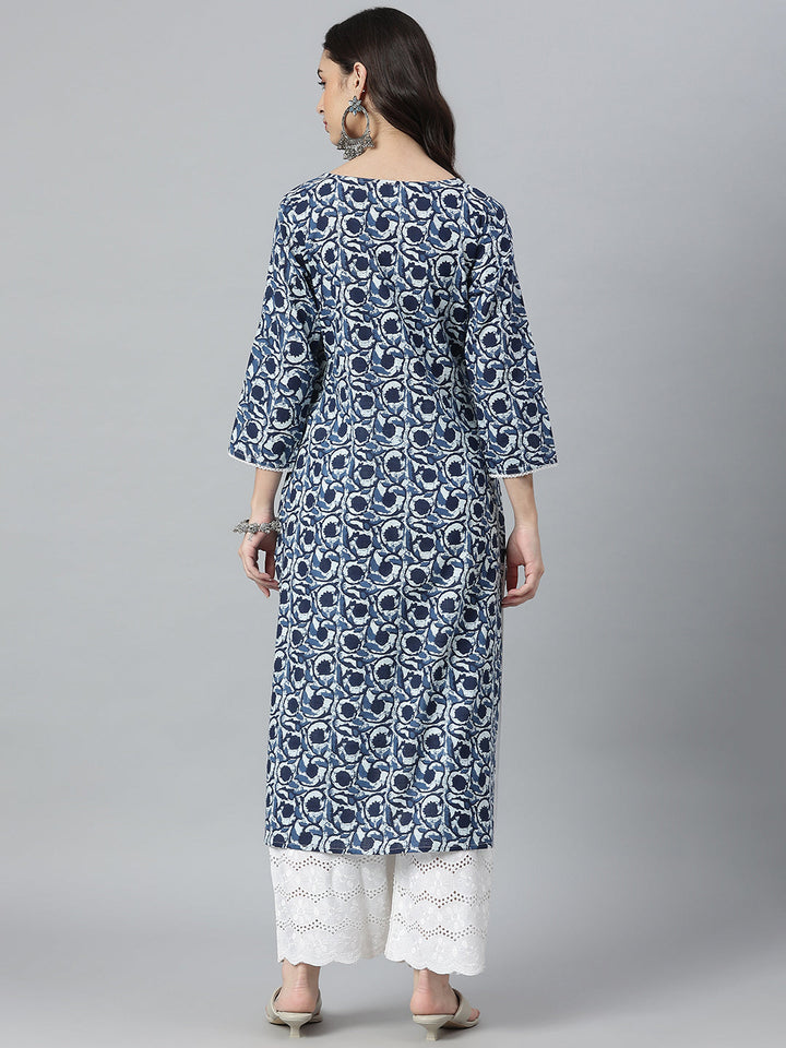 Indigo Printed Cotton Slub Straight Kurta