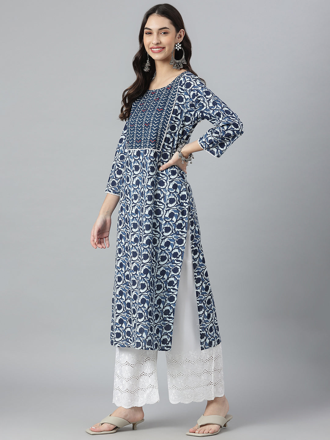 Indigo Printed Cotton Slub Straight Kurta