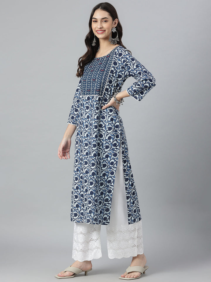 Indigo Printed Cotton Slub Straight Kurta