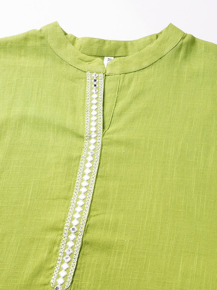 Solid Mirror Embroidered Cotton Slub Straight Kurta