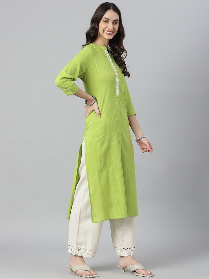 Solid Mirror Embroidered Cotton Slub Straight Kurta