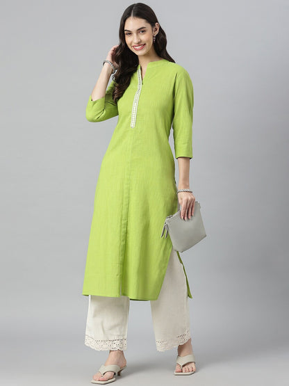 Solid Mirror Embroidered Cotton Slub Straight Kurta