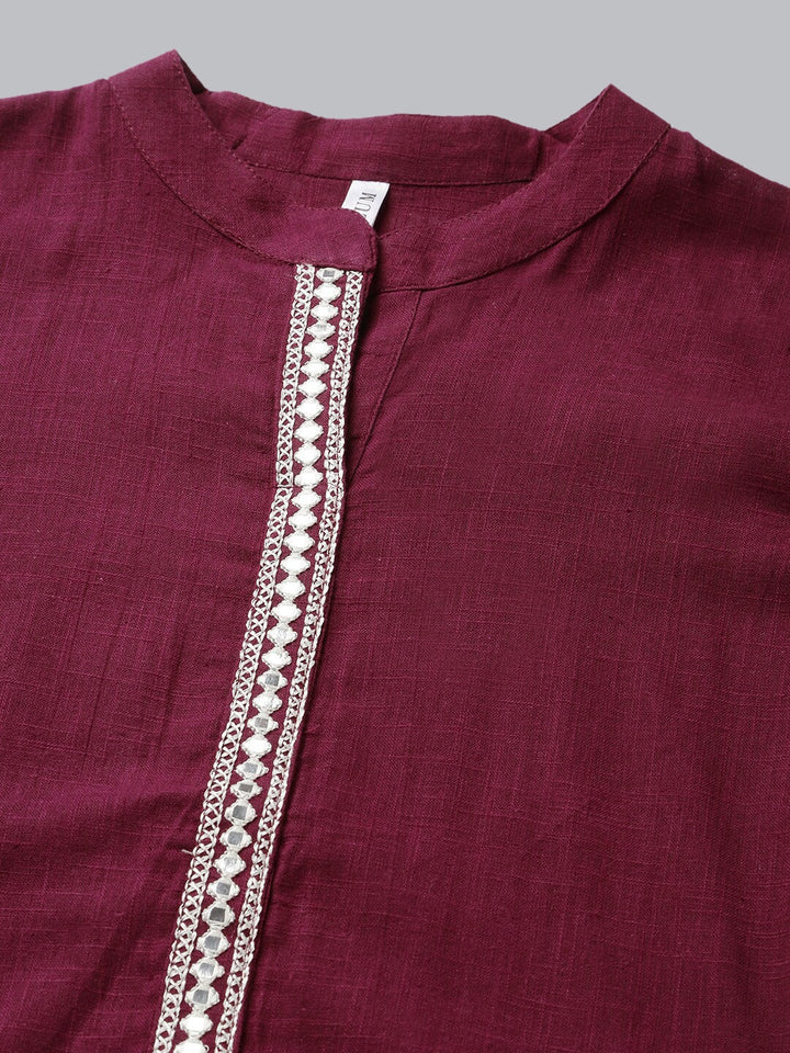 Solid Mirror Embroidered Cotton Slub Straight Kurta