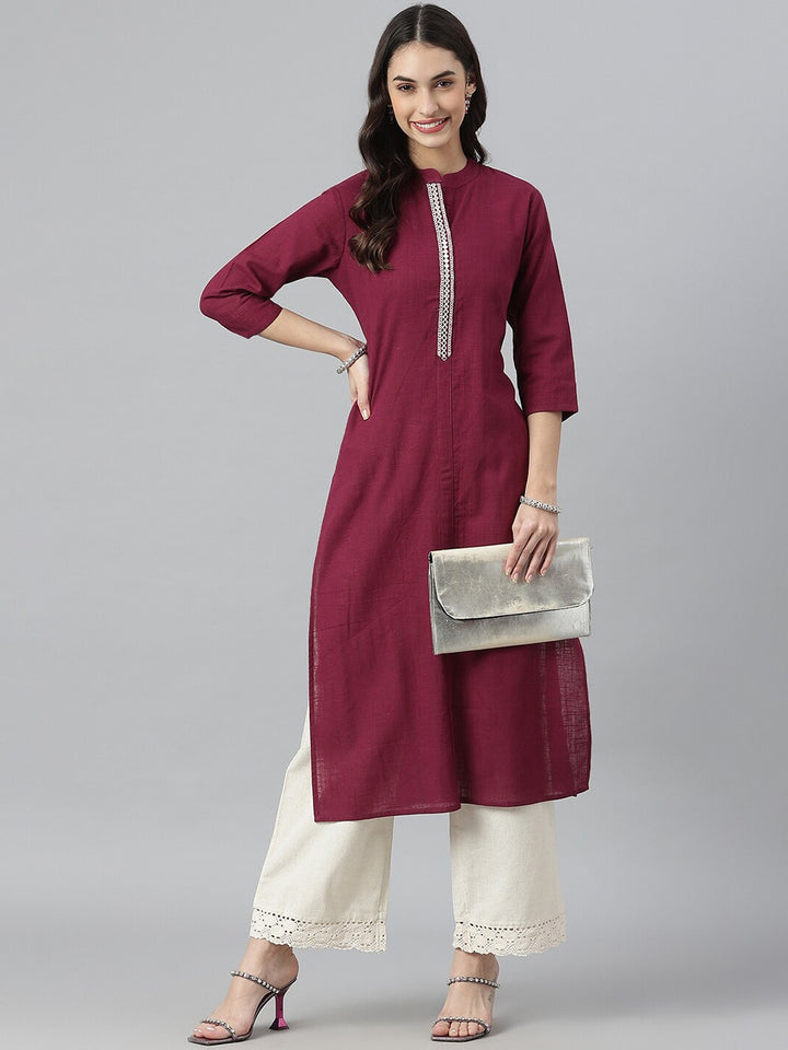 Solid Mirror Embroidered Cotton Slub Straight Kurta