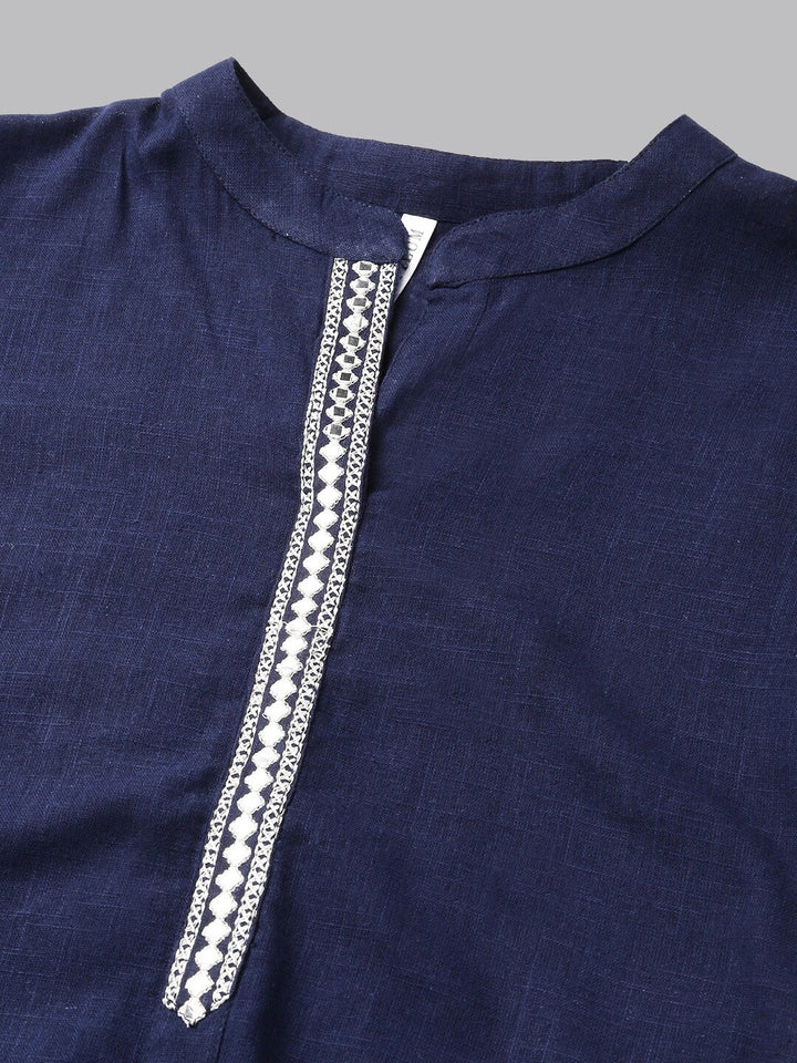 Solid Mirror Embroidered Cotton Slub Straight Kurta