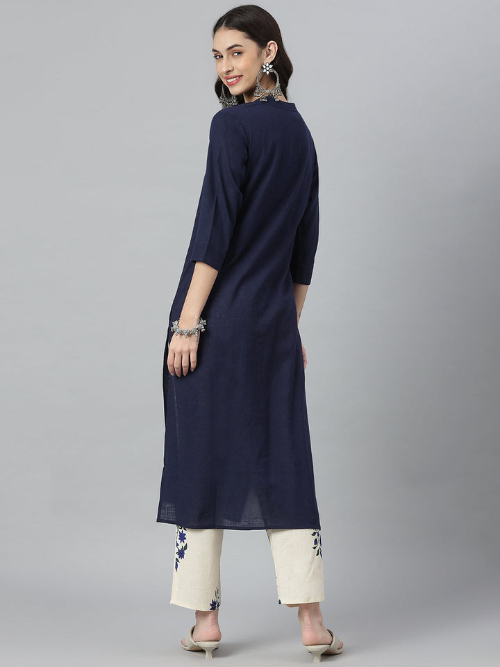 Solid Mirror Embroidered Cotton Slub Straight Kurta