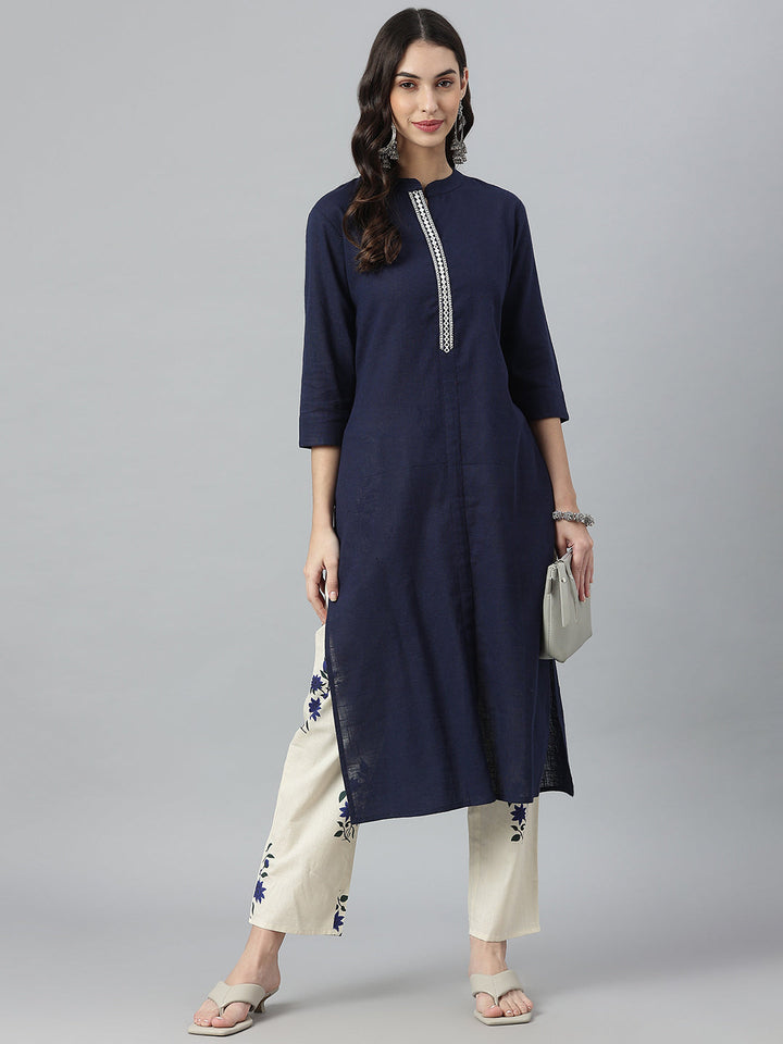Solid Mirror Embroidered Cotton Slub Straight Kurta