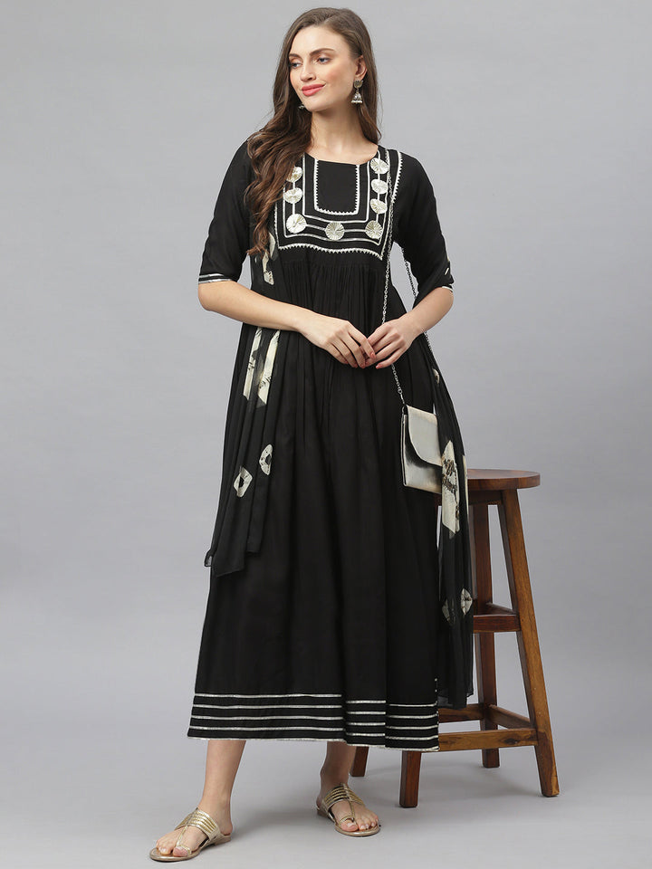 Embellished Rayon flared Kurta with Dupatta