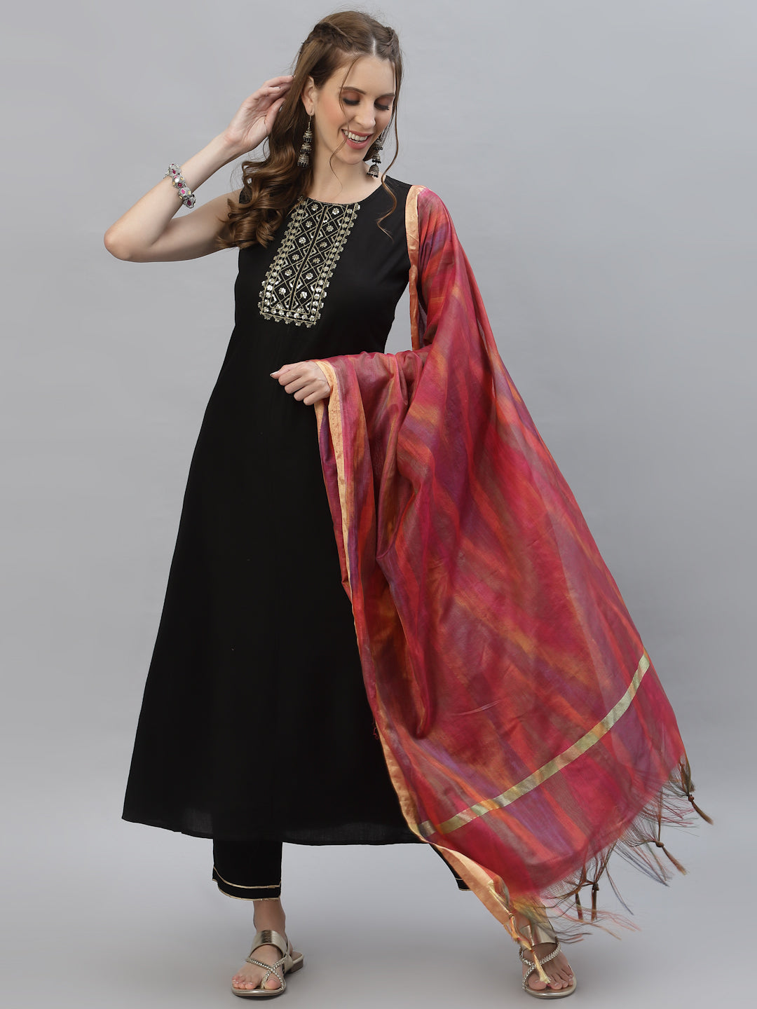 Embroidered Rayon Flared Kurta with Printed Dupatta