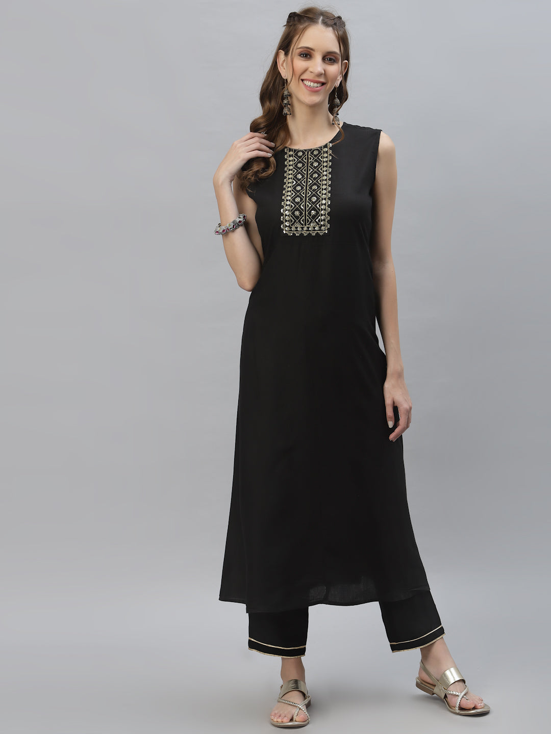 Embroidered Rayon Flared Kurta with Printed Dupatta