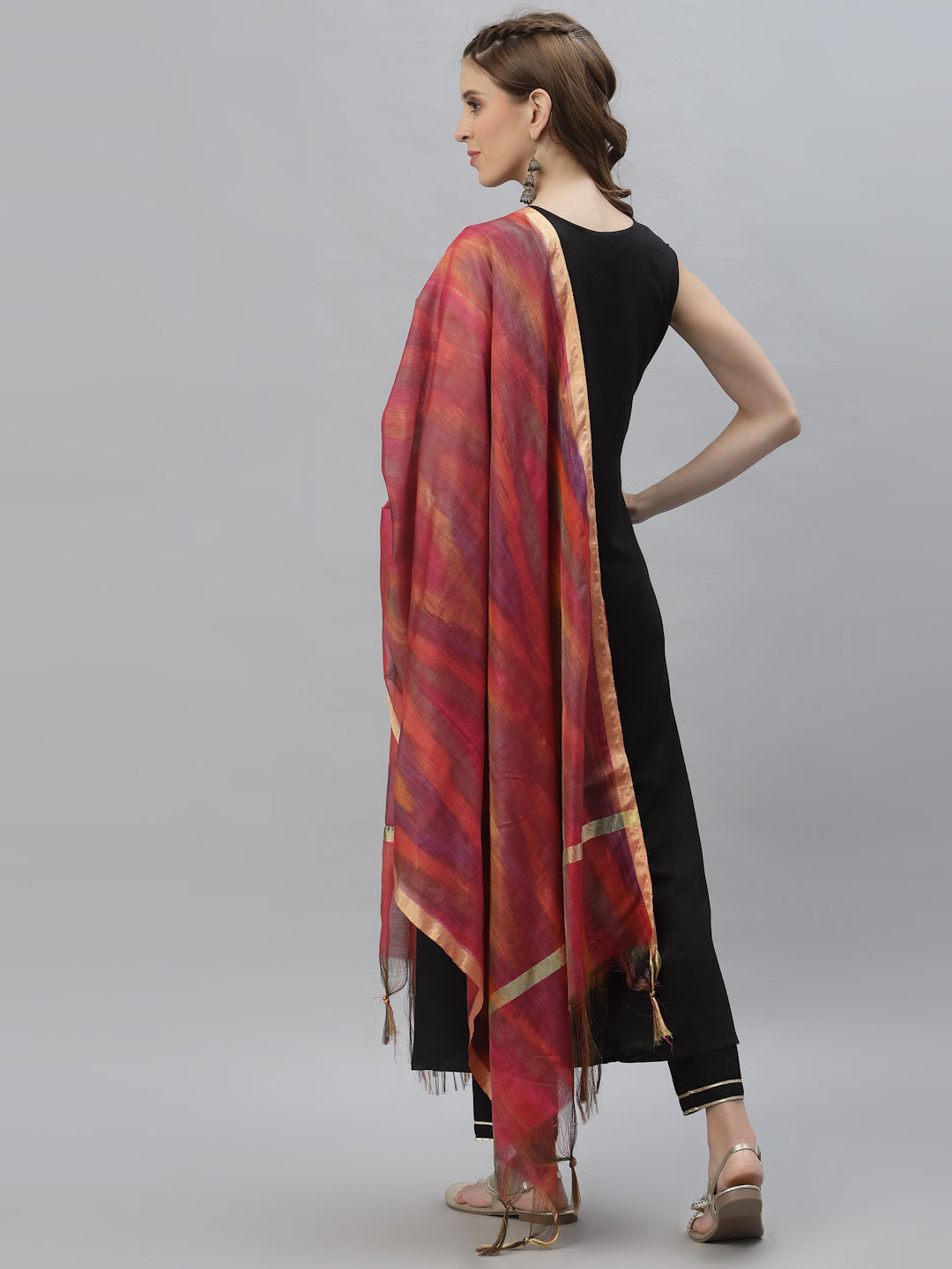 Embroidered Rayon Flared Kurta with Printed Dupatta