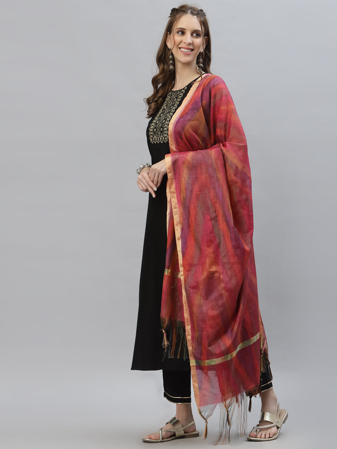 Embroidered Rayon Flared Kurta with Printed Dupatta