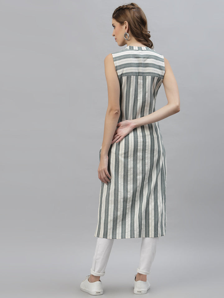 Self Woven Striped Cotton Blend Straight Kurta