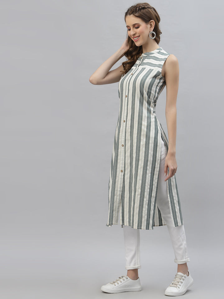 Self Woven Striped Cotton Blend Straight Kurta