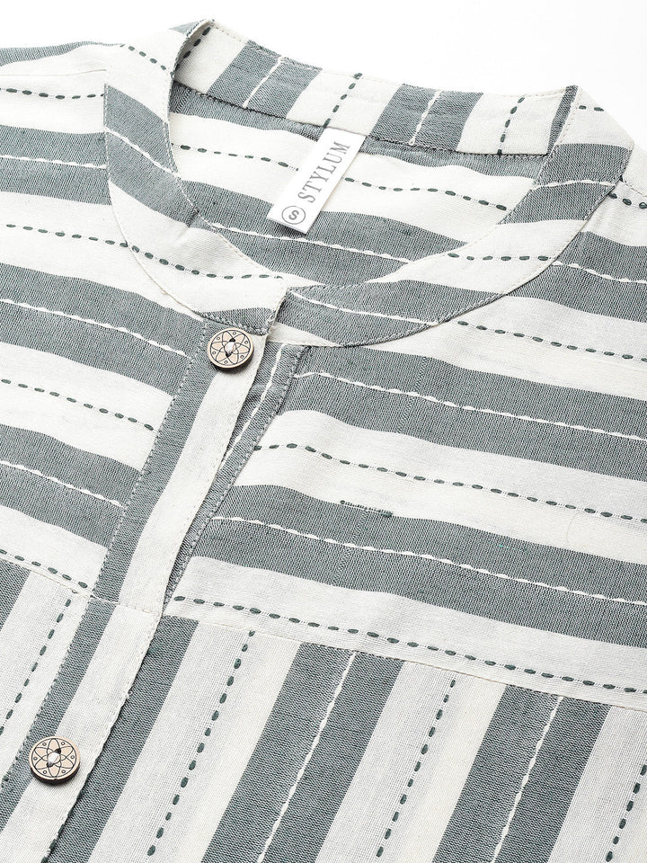 Self Woven Striped Cotton Blend Straight Kurta