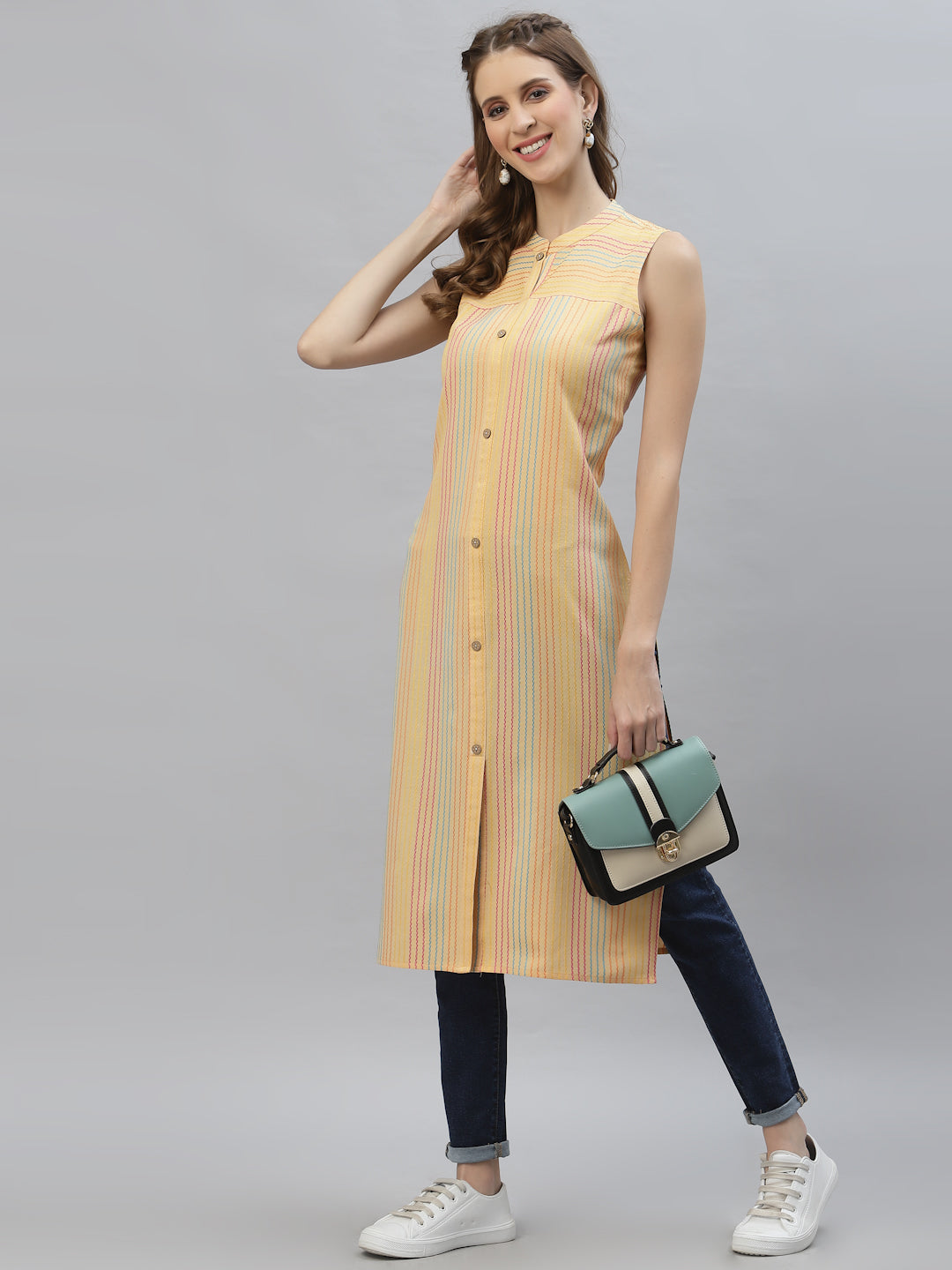 Self Woven Striped Cotton Blend Straight Kurta