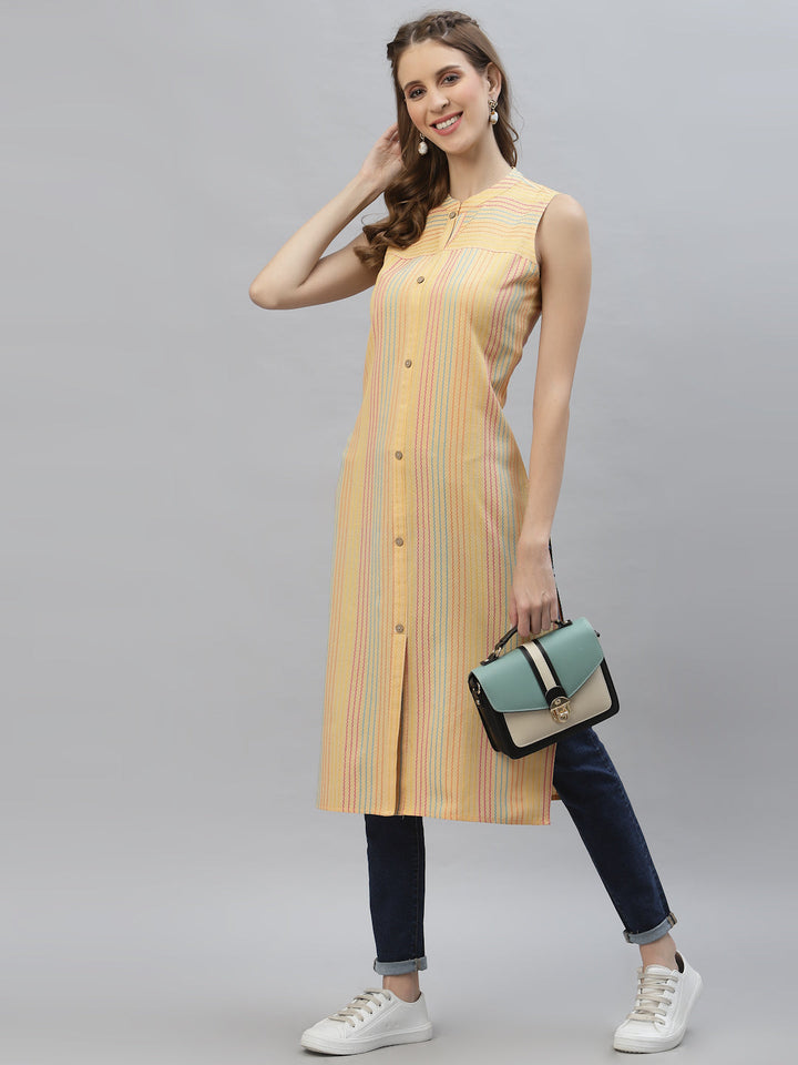 Self Woven Striped Cotton Blend Straight Kurta