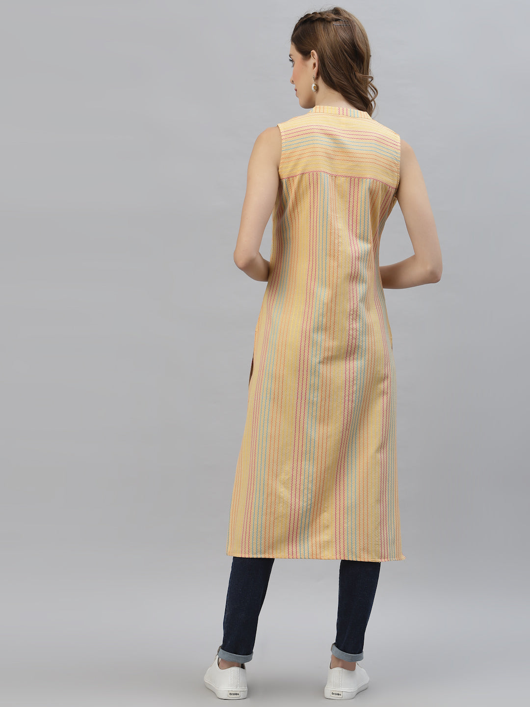 Self Woven Striped Cotton Blend Straight Kurta