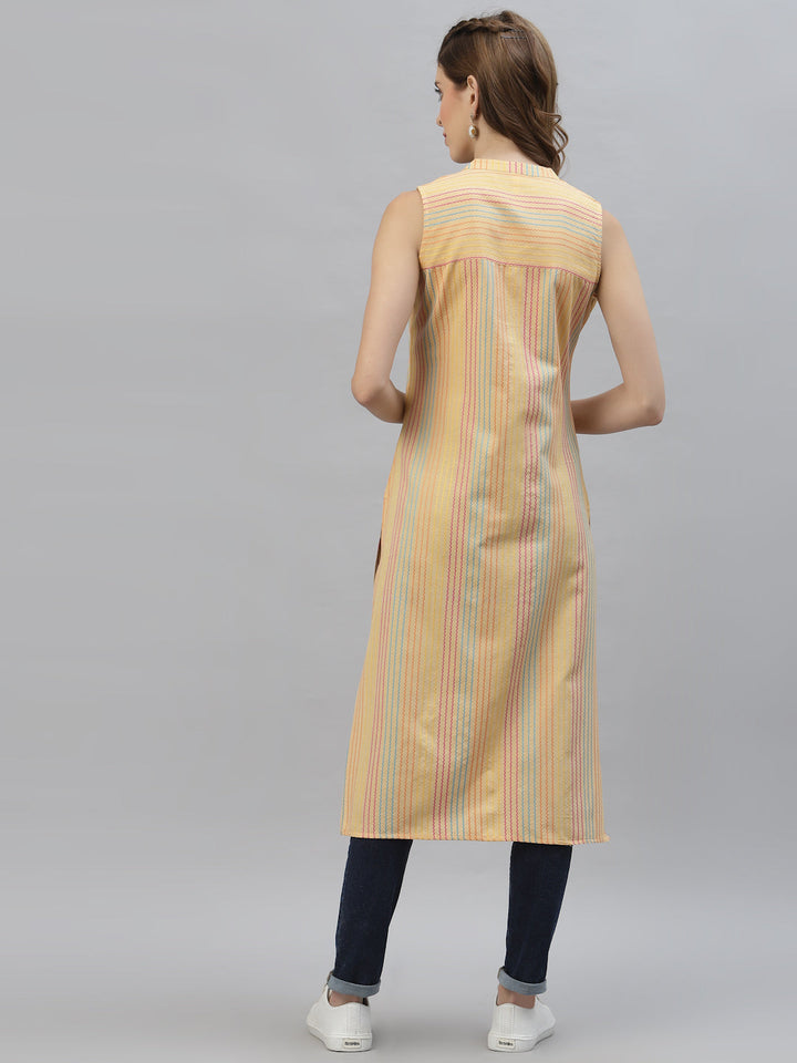 Self Woven Striped Cotton Blend Straight Kurta