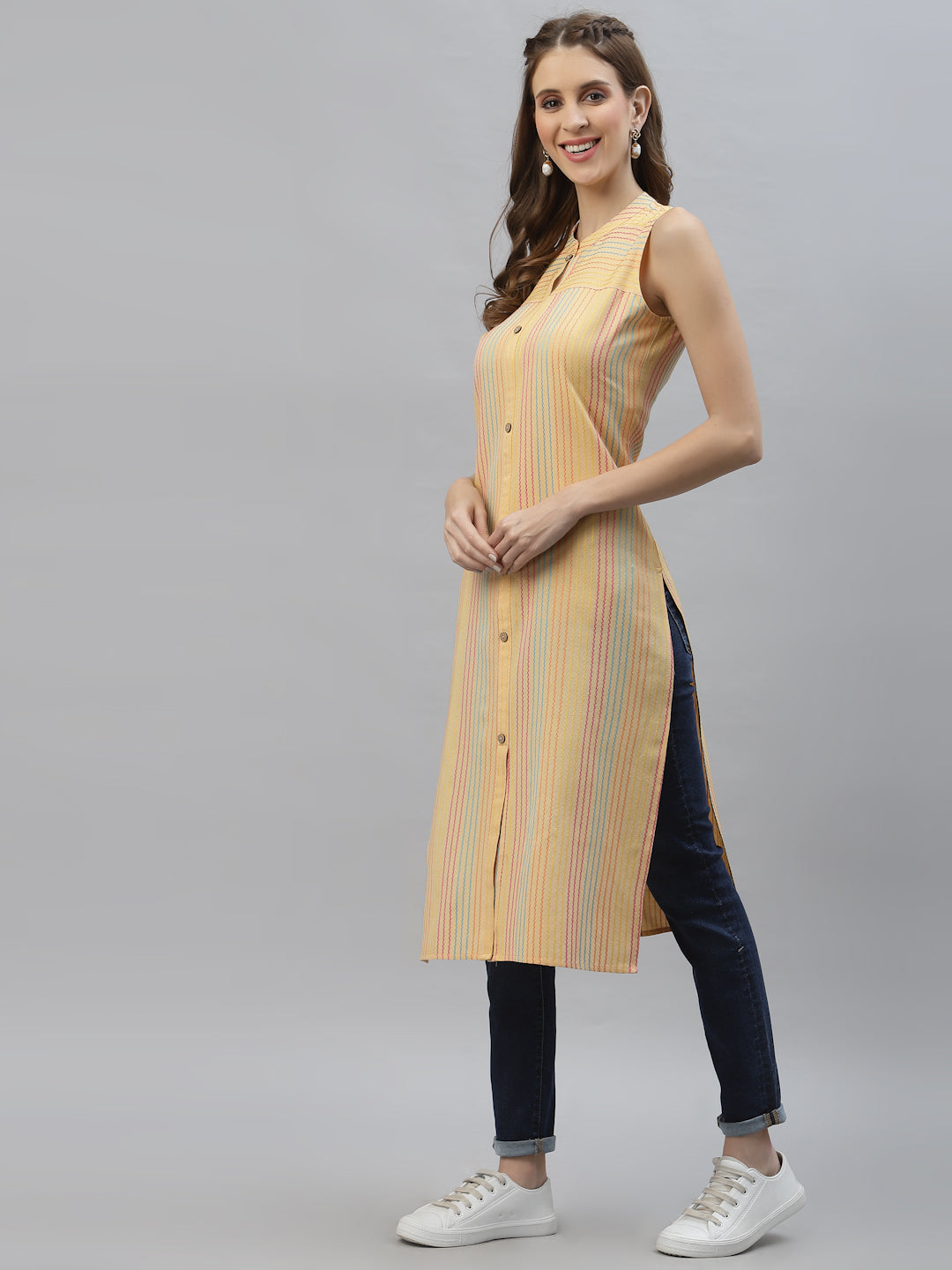 Self Woven Striped Cotton Blend Straight Kurta