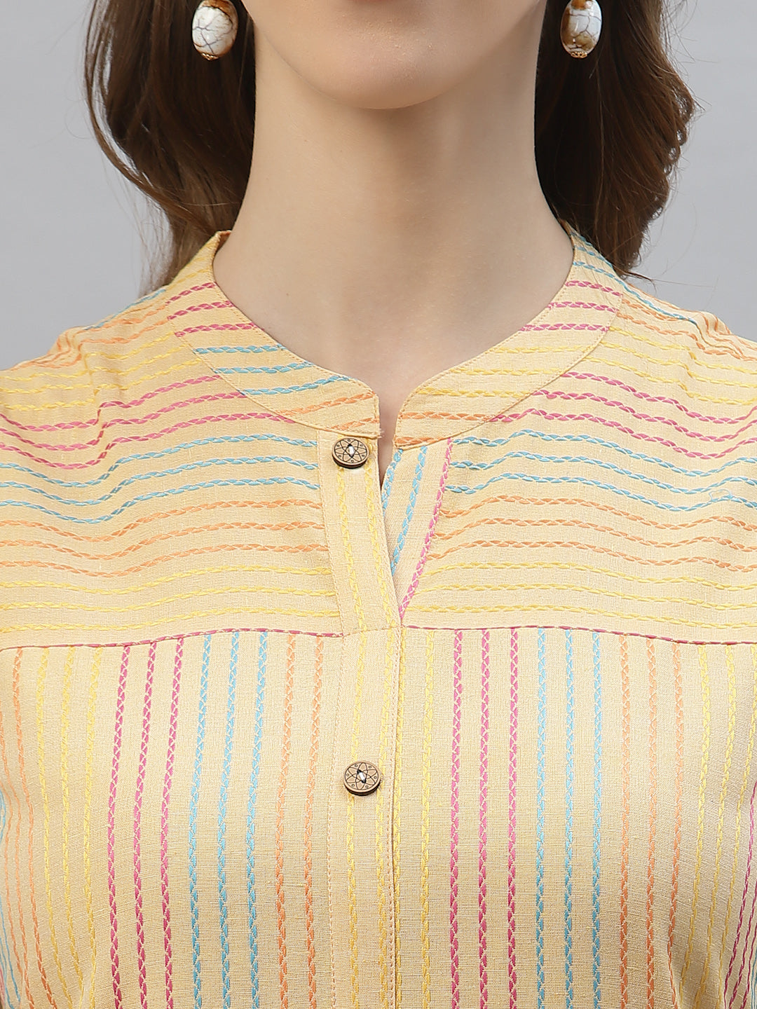 Self Woven Striped Cotton Blend Straight Kurta