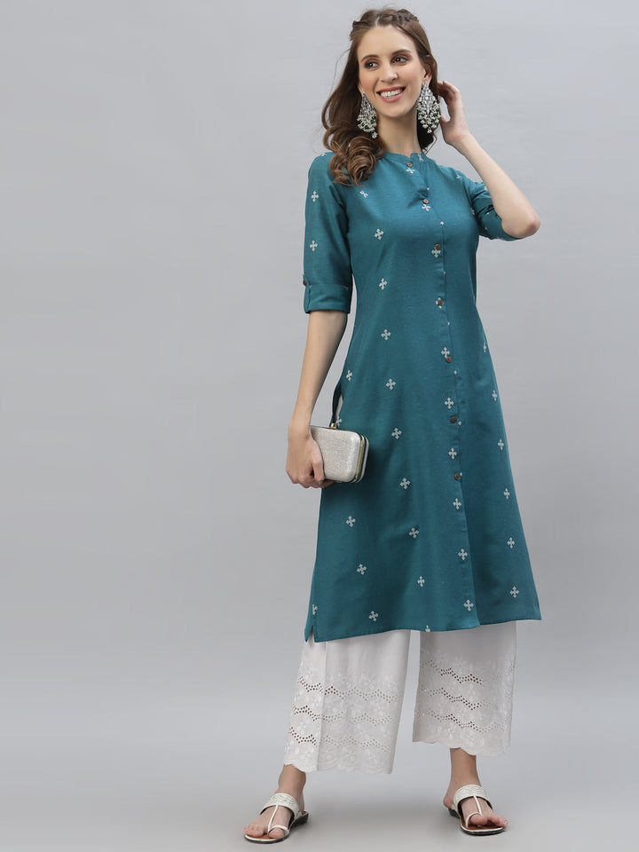 Self Design Cotton Blend Straight Kurta