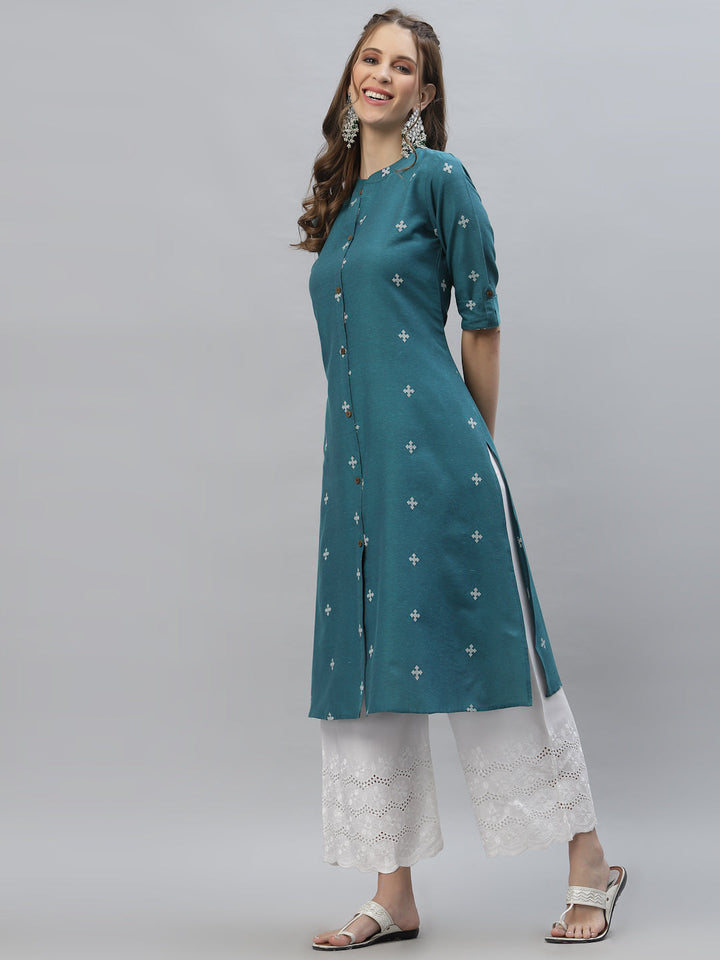 Self Design Cotton Blend Straight Kurta