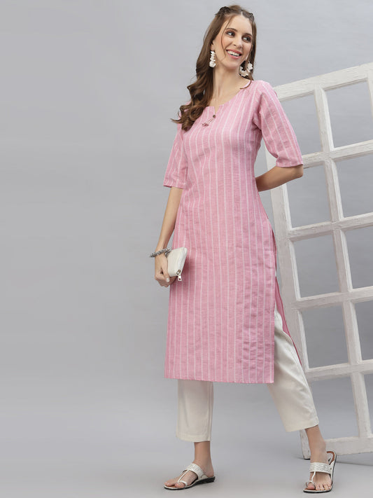 Self Woven Striped Cotton Blend Straight Kurta