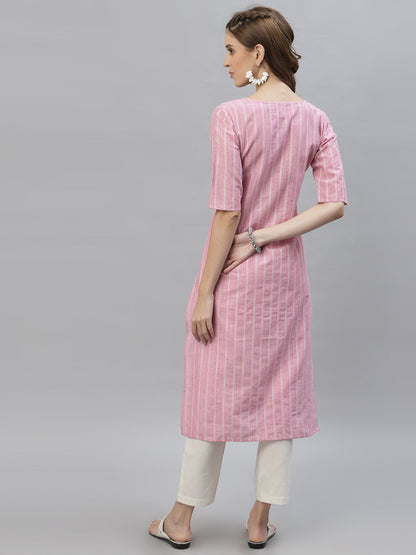 Self Woven Striped Cotton Blend Straight Kurta