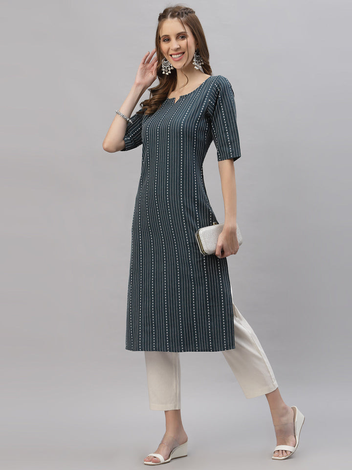 Self Woven Striped Cotton Blend Straight Kurta