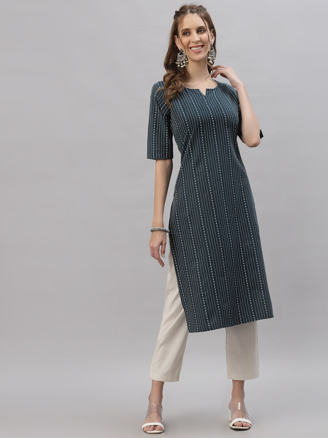 Self Woven Striped Cotton Blend Straight Kurta