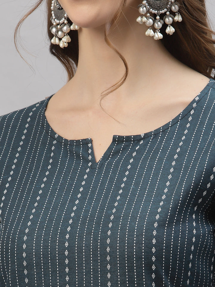 Self Woven Striped Cotton Blend Straight Kurta