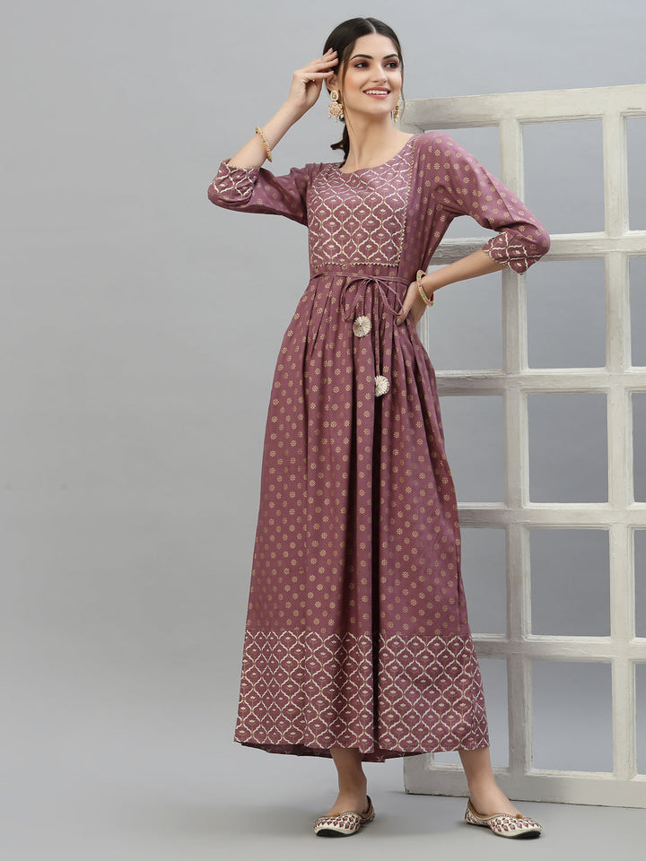 Gold &amp; Khari Printed Rayon Flared Long Ethnic Dress