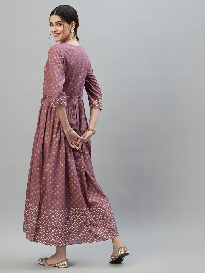 Gold &amp; Khari Printed Rayon Flared Long Ethnic Dress