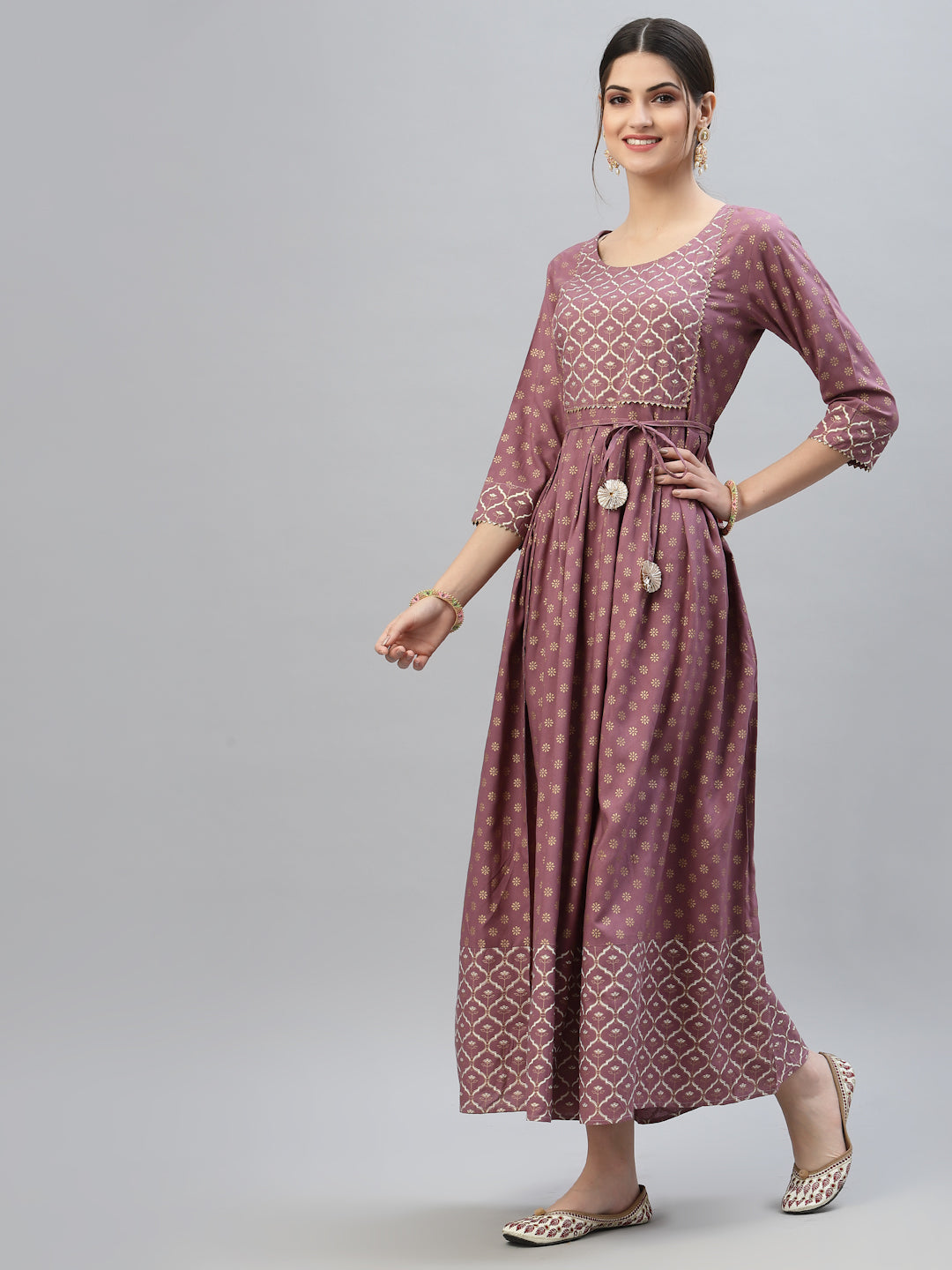 Gold &amp; Khari Printed Rayon Flared Long Ethnic Dress