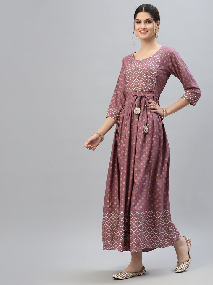 Gold &amp; Khari Printed Rayon Flared Long Ethnic Dress