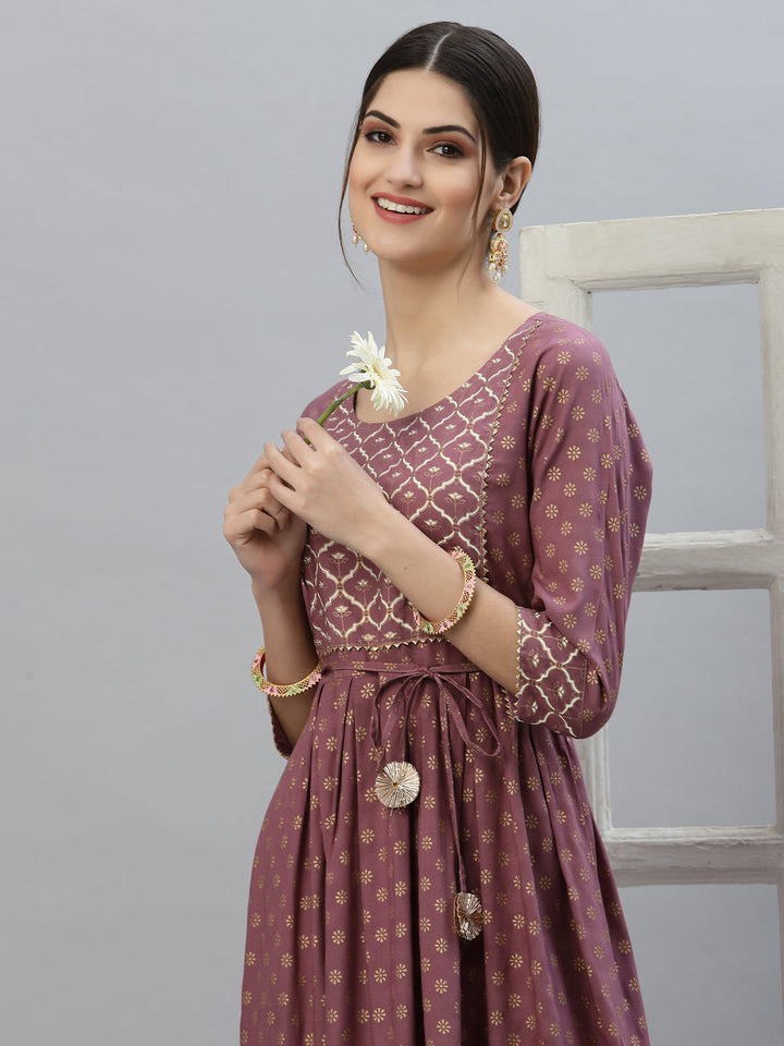 Gold &amp; Khari Printed Rayon Flared Long Ethnic Dress