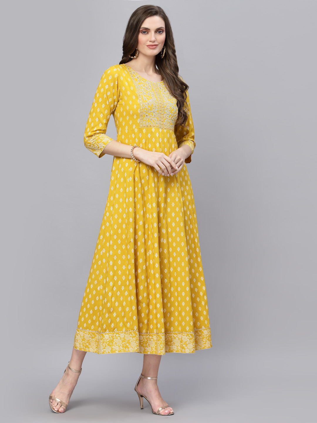 Printed &amp; Embroidered Rayon Flared Kurta