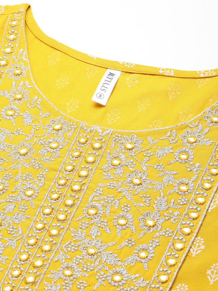 Printed &amp; Embroidered Rayon Flared Kurta