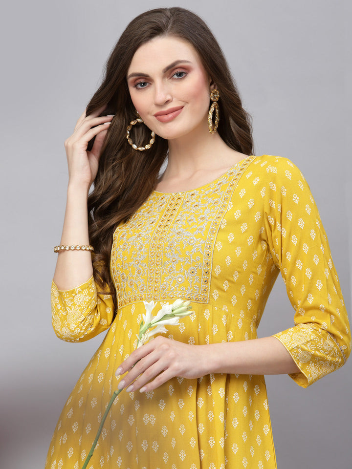 Printed &amp; Embroidered Rayon Flared Kurta