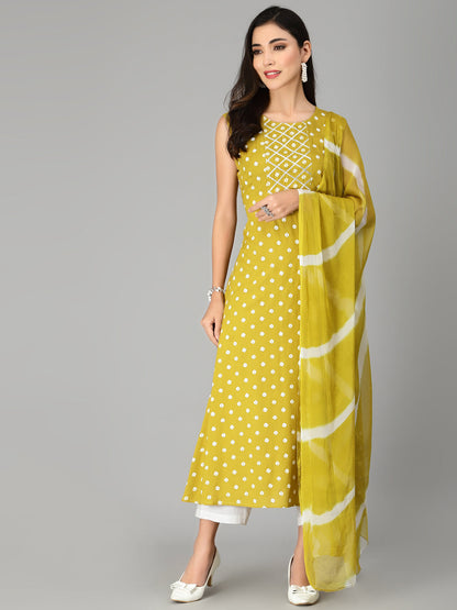 Bandhej Printed A-Line Kurta with Dupatta