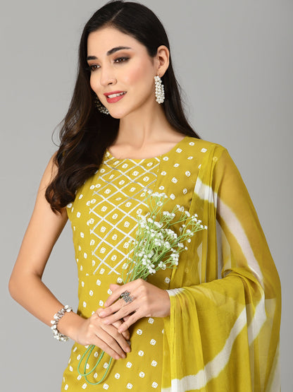 Bandhej Printed A-Line Kurta with Dupatta