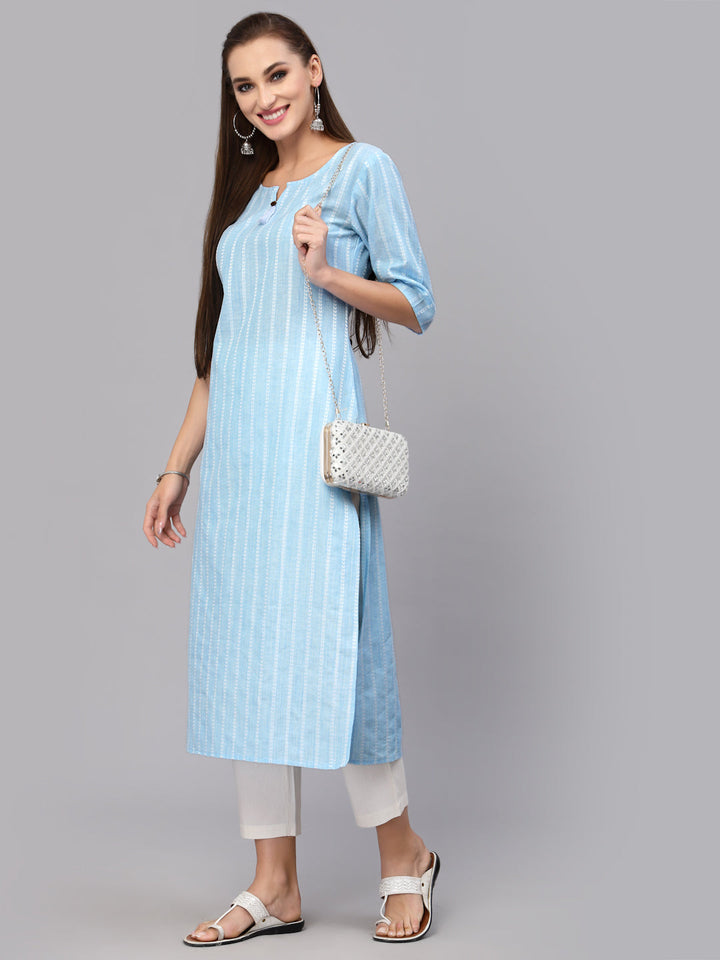 Self Woven Striped Cotton Blend Straight Kurta