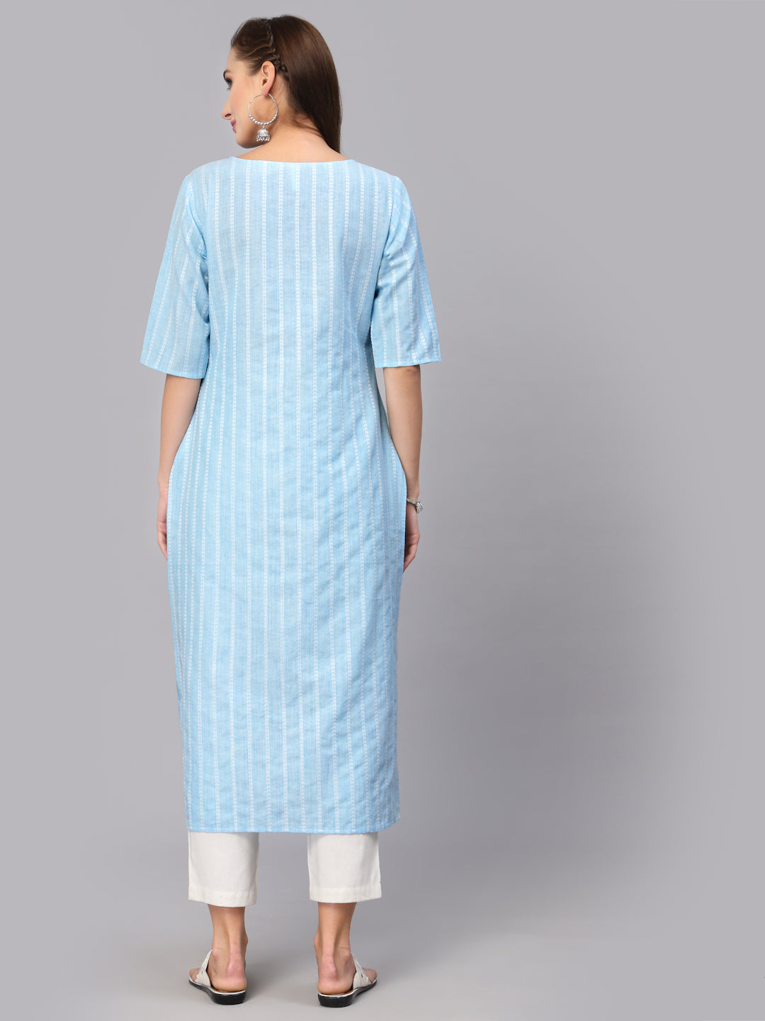 Self Woven Striped Cotton Blend Straight Kurta