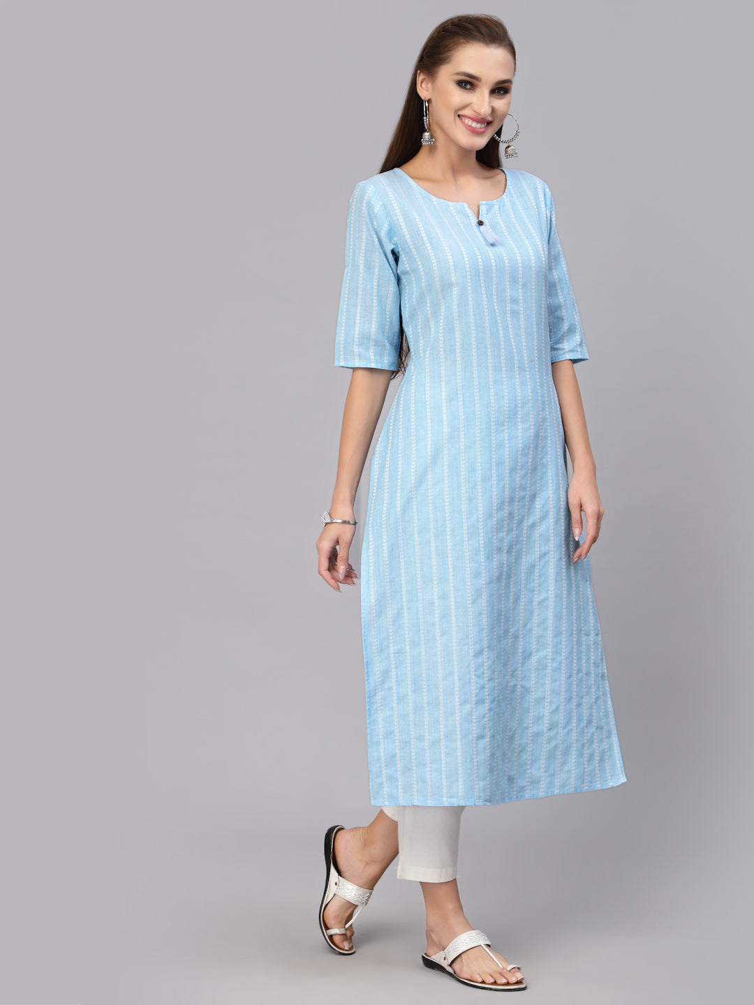 Self Woven Striped Cotton Blend Straight Kurta